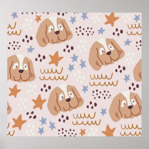 Cute dogs, stars, lines: vintage seamless poster