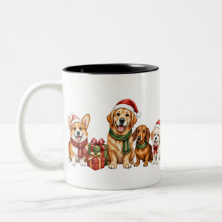 Cute Dogs Wearing Santa Hats Christmas Design Two-Tone Coffee Mug