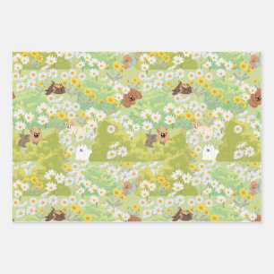 Cute Dogs With Daisy Flowers Seamless Pattern Wrapping Paper Sheet
