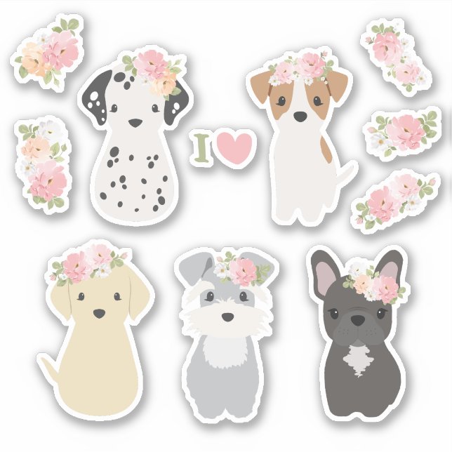 Cute Dogs with Flowers Sticker Pack (Front)
