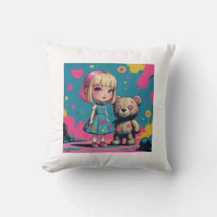 Cute Doll with Teddy Bear Throw Pillow