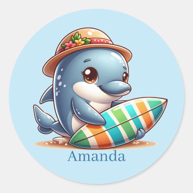 Cute dolphin add name surfing classic round sticker (Front)