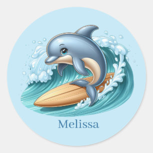 Cute dolphin add name surfing  classic round sticker