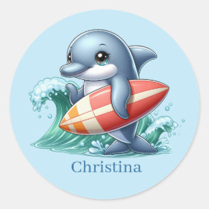 Cute dolphin add name surfing classic round sticker