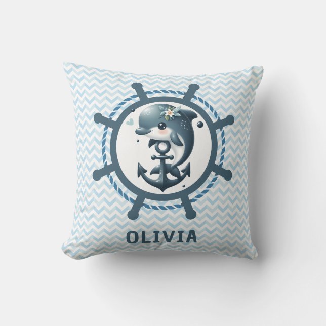 Cute Dolphin & Anchor inside Ship Wheel Nautical Throw Pillow (Front)