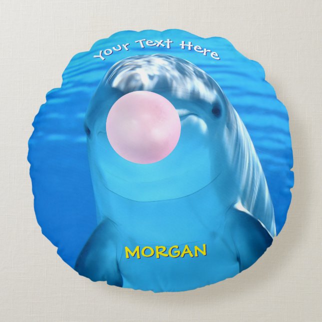 Cute Dolphin Blowing Bubble Gum, Name & Message Round Pillow (Front)