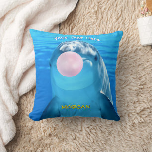 Cute Dolphin Blowing Bubble Gum, Name & Message Throw Pillow