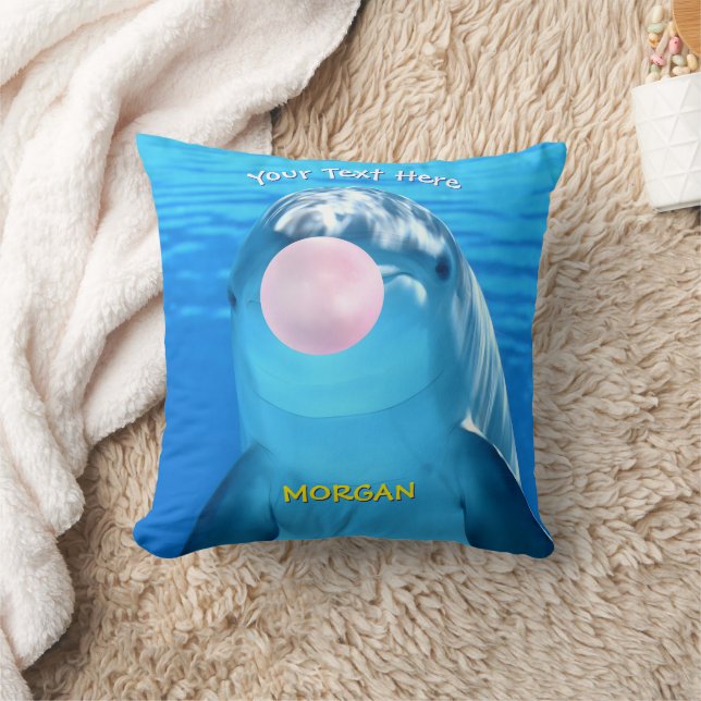 Cute Dolphin Blowing Bubble Gum, Name & Message Throw Pillow (Blanket)