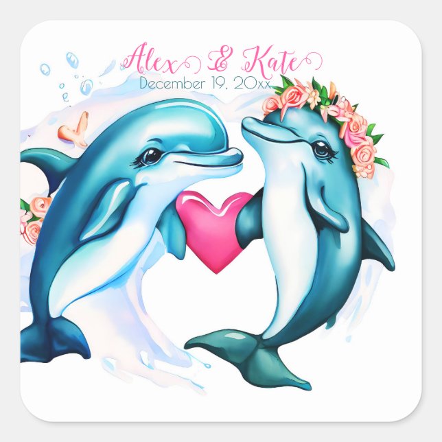 Cute Dolphin Couple | Romantic Wedding  Square Sticker (Front)
