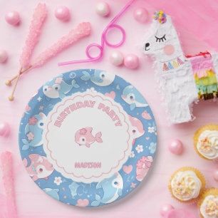 Cute Dolphin & Flowers Birthday Paper Plate