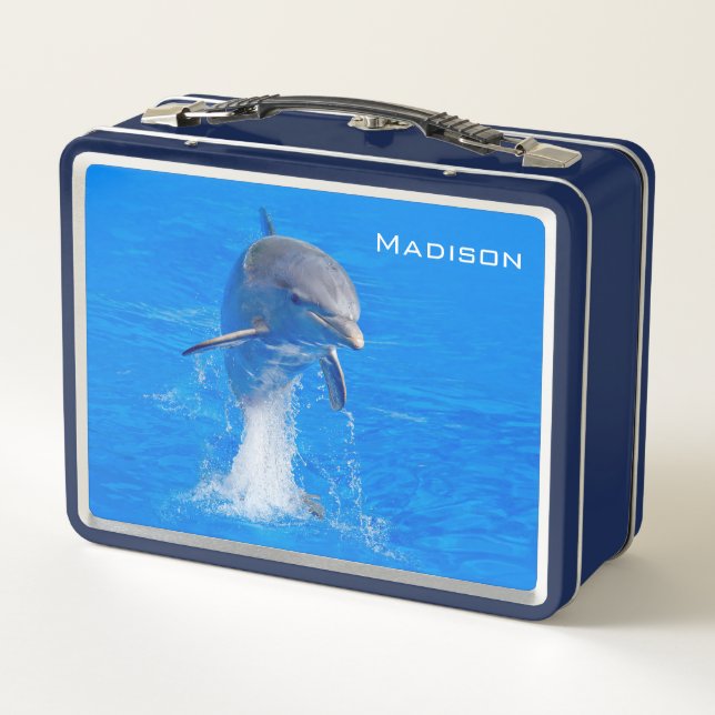 Cute Dolphin Jumping Personalized Name Metal Lunch Box (Back)