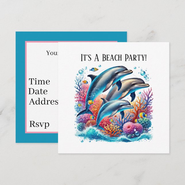 Cute dolphin lovers party  invitation (Front/Back)