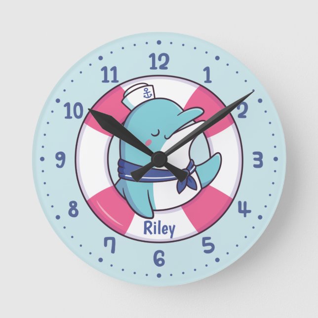 Cute Dolphin Sailor, Nautical Kids Room Decor Round Clock (Front)