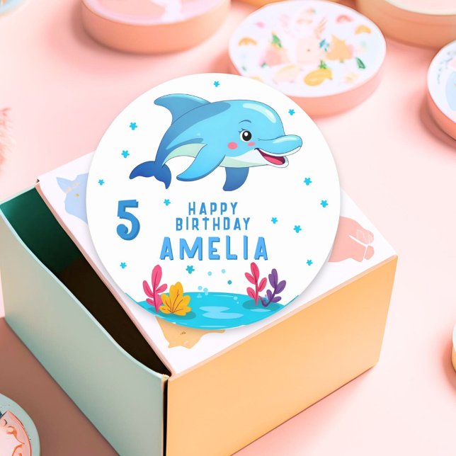 Cute Dolphin Sea Animals Birthday  Classic Round Sticker (Creator Uploaded)