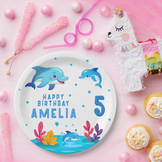 Cute Dolphin Sea Animals Birthday Party Paper Plate (Party)