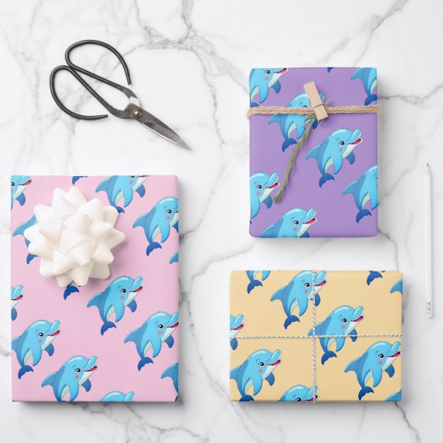 Cute Dolphin Sea Animals Kids Birthday  Wrapping Paper Sheet (Front)