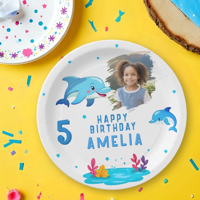 Cute Dolphin Sea Animals Photo Birthday Party Paper Plate (Creator Uploaded)