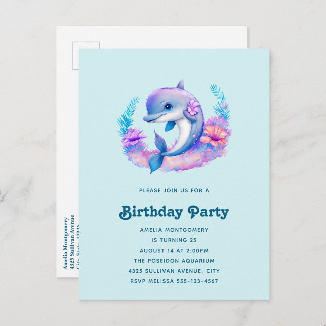 Cute Dolphin Sea Creature Birthday Invitation Postcard (Front/Back)