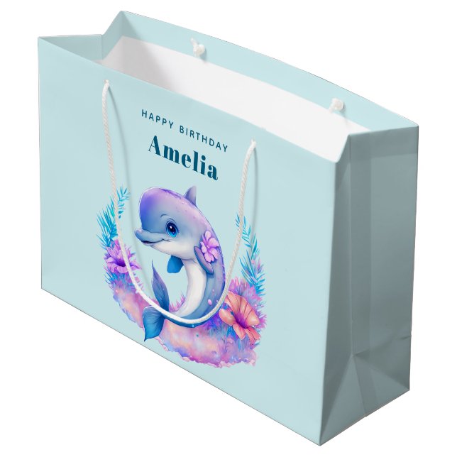 Cute Dolphin Sea Creature Birthday Large Gift Bag (Back Angled)