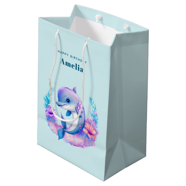 Cute Dolphin Sea Creature Birthday Medium Gift Bag (Back Angled)
