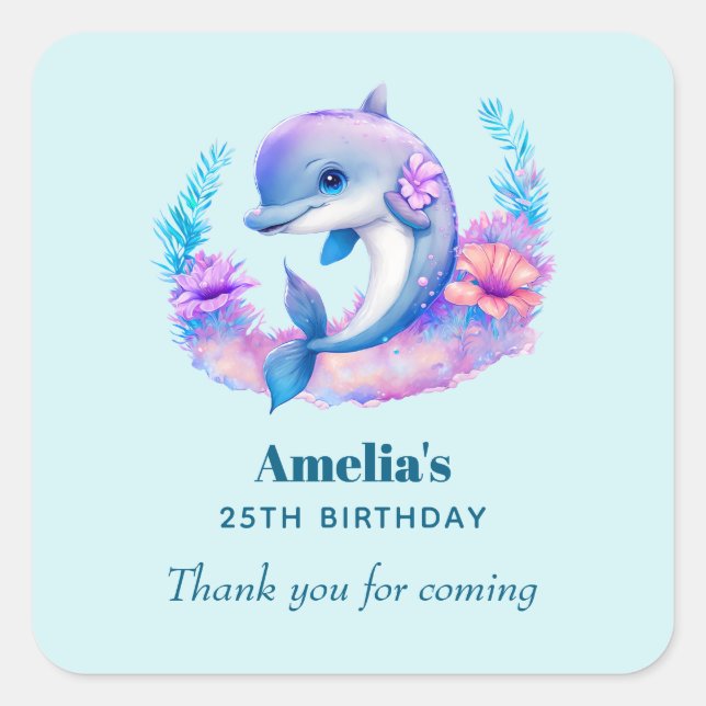 Cute Dolphin Sea Creature Birthday Thank You Square Sticker (Front)