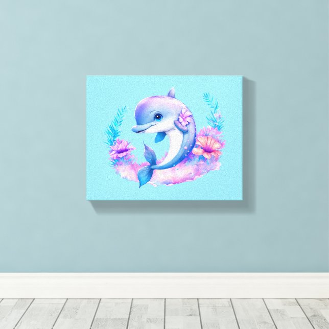 Cute Dolphin Sea Creature Canvas Print (Insitu(Wood Floor))