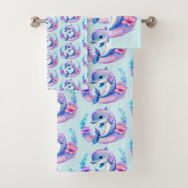 Cute Dolphin Sea Creature Pattern Bath Towel Set (Insitu)