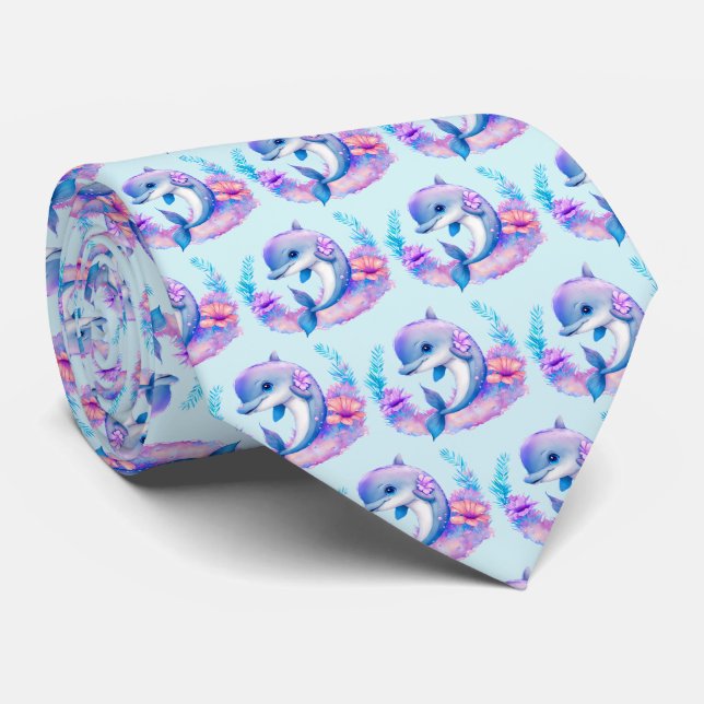 Cute Dolphin Sea Creature Pattern Tie (Rolled)