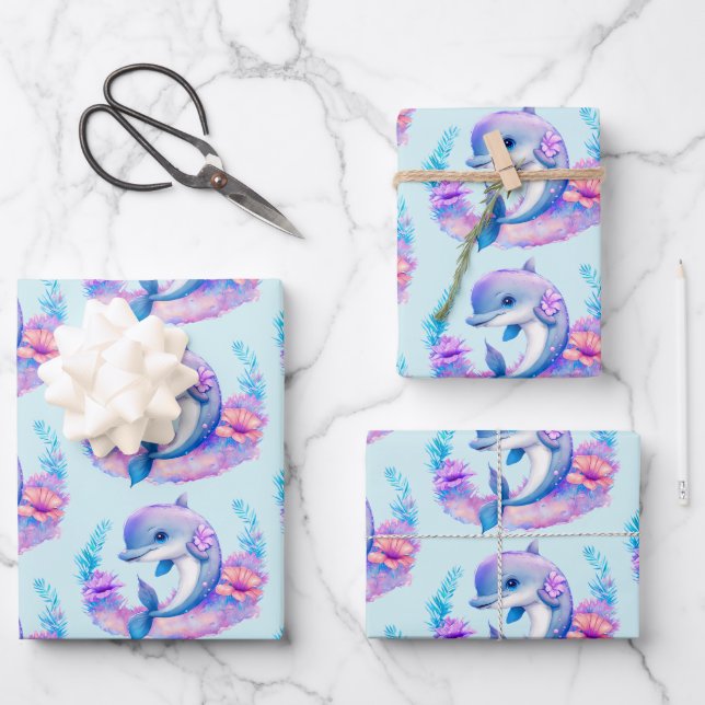 Cute Dolphin Sea Creature Pattern Wrapping Paper Sheet (Front)