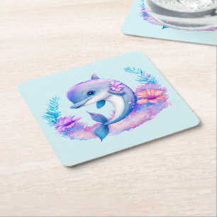 Cute Dolphin Sea Creature Square Paper Coaster