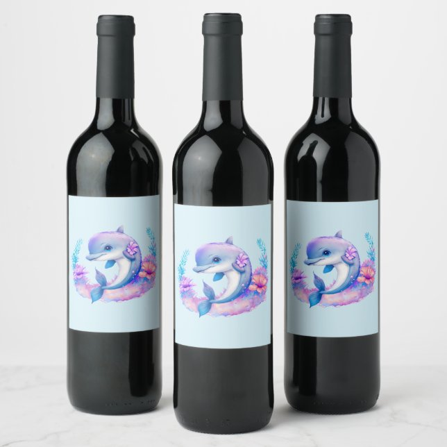 Cute Dolphin Sea Creature Wine Label (Bottles)