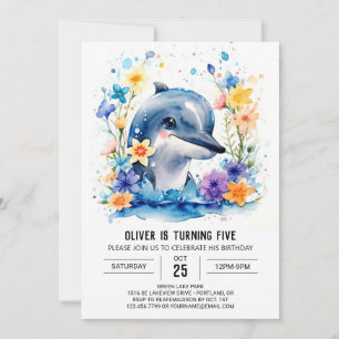Cute Dolphin Watercolor Adventure Birthday Invitation