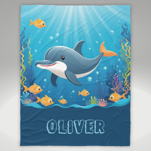  Cute Dolphin Watercolor Personalized Fleece Blanket