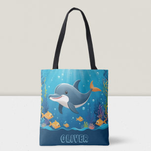 Cute Dolphin Watercolor Personalized Tote Bag