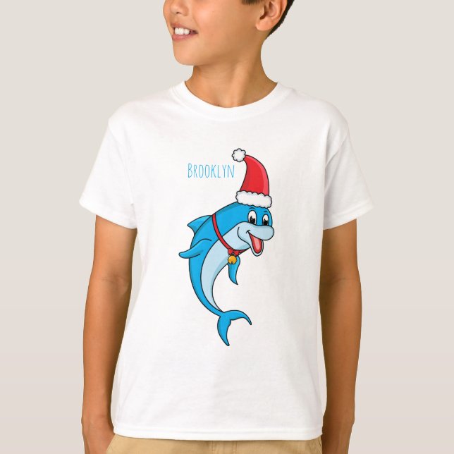 Cute dolphin with Santa hat cartoon T-Shirt (Front)