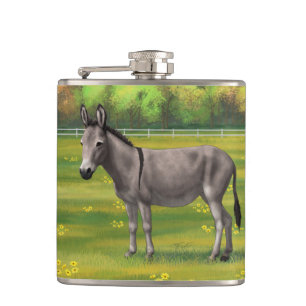 Cute Donkey Grey Burro In Pasture Hip Flask