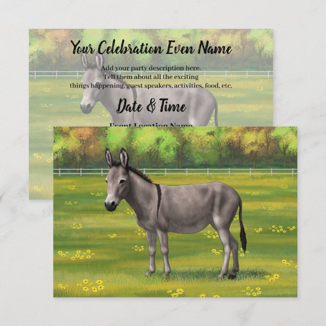 Cute Donkey Grey Burro In Pasture Invitation (Front/Back)
