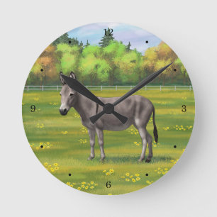 Cute Donkey Grey Burro In Pasture Round Clock