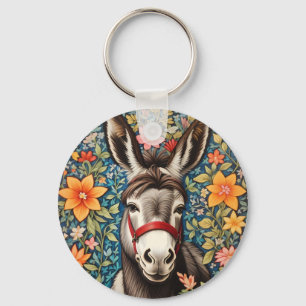 Cute Donkey On Colourful Floral Background Keychain