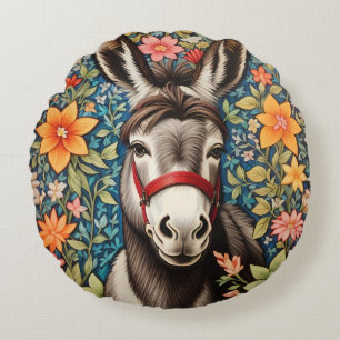 Cute Donkey On Colourful Floral Background Round Pillow
