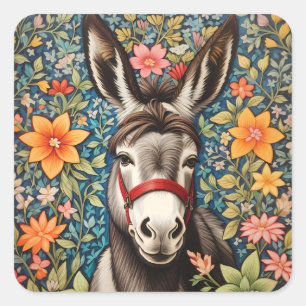 Cute Donkey On Colourful Floral Background Square Sticker