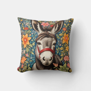 Cute Donkey On Colourful Floral Background Throw Pillow