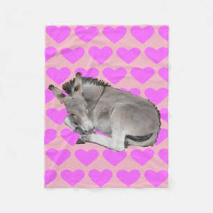 Cute Donkey on Pink Hearts Fleece Blanket