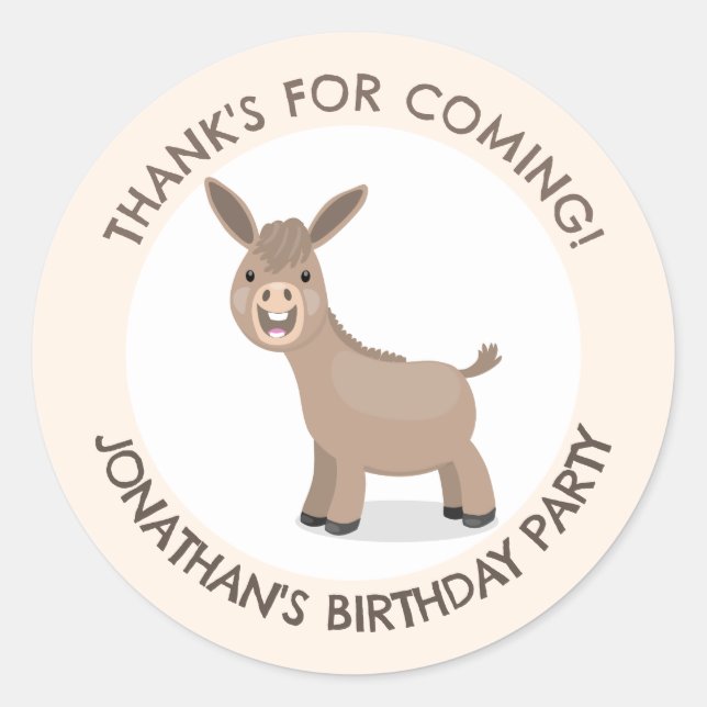 Cute donkey personalized cartoon birthday classic round sticker (Front)