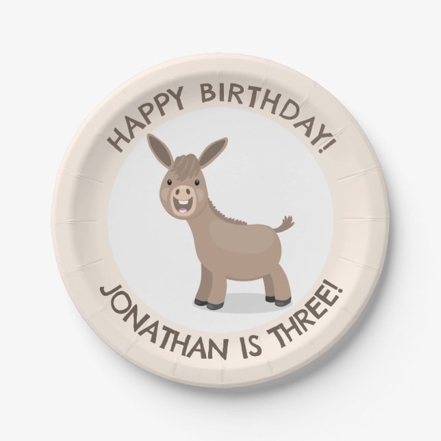 Cute donkey personalized cartoon birthday paper plate (Front)