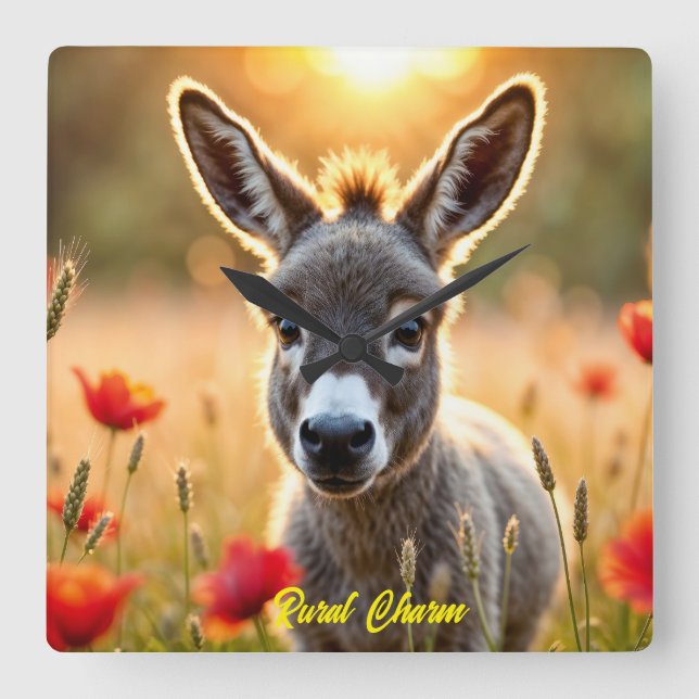 Cute donkey red poppies adorable animal art square wall clock (Front)