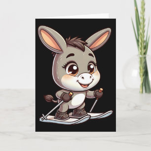 Cute Donkey Skiing Winter Alpine Cartoon Mascot  Card
