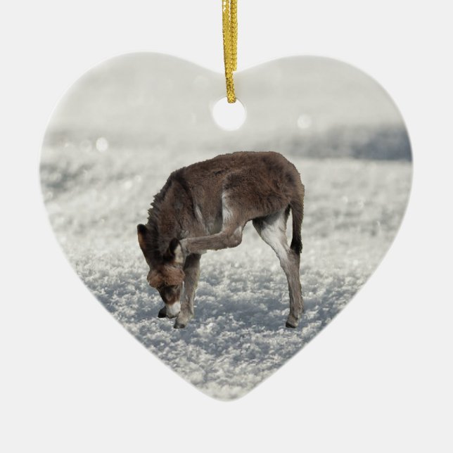 Cute Donkey Standing in Snow Ceramic Ornament (Front)