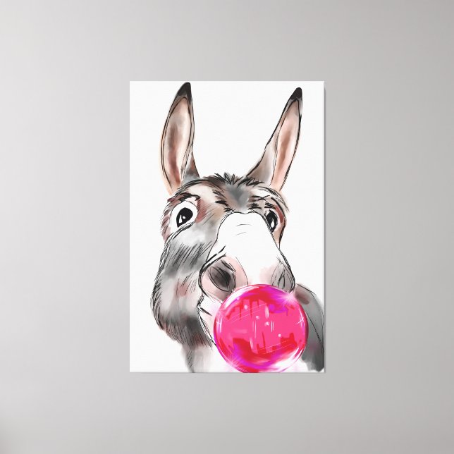 Cute donkey with chewing gum cartoon canvas print (Front)