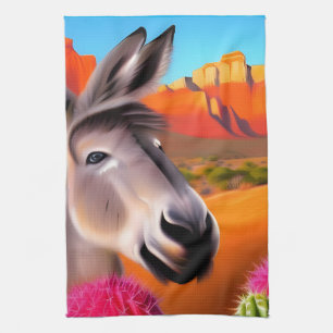 Cute Donkey with flowering cactus  Kitchen Towel